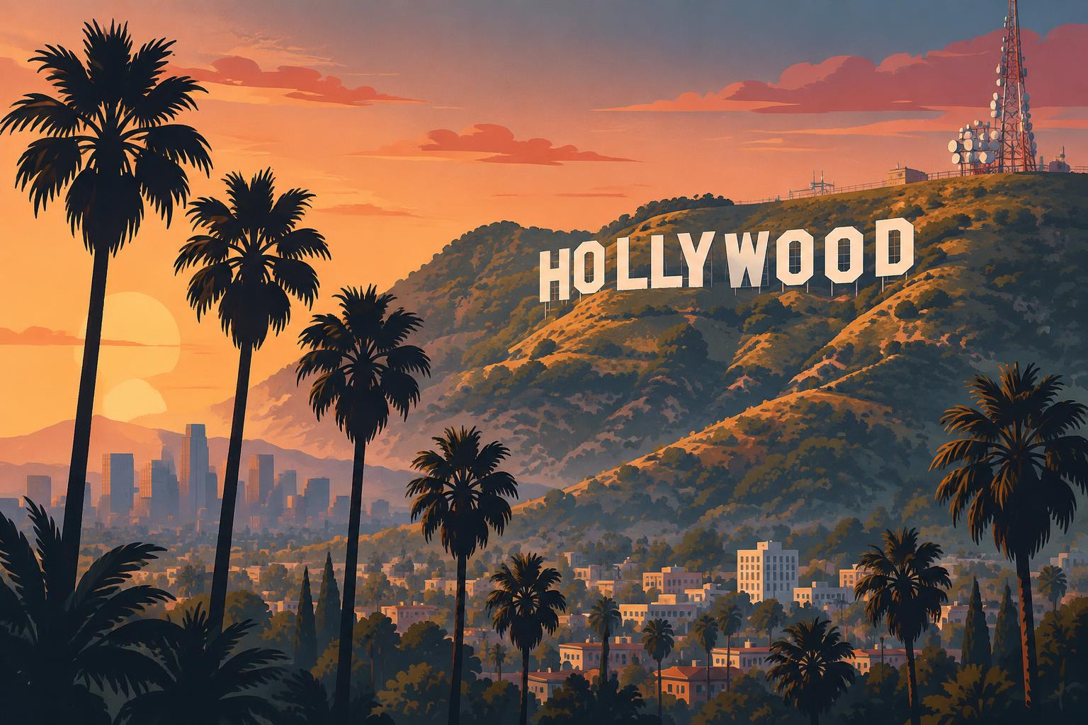 Illustration of the Hollywood sign on a hillside at sunset with palm trees and the downtown Los Angeles skyline