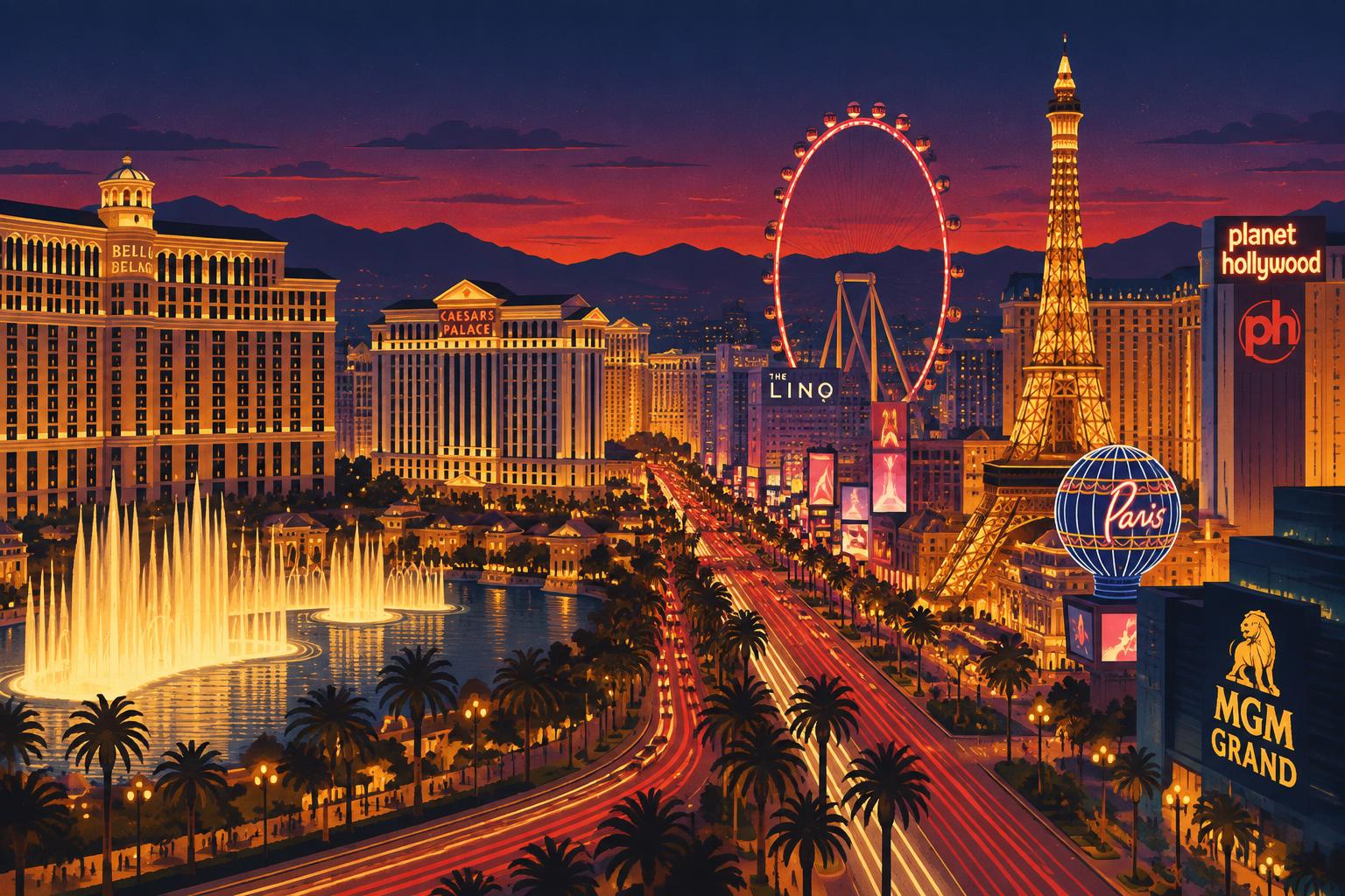 Illustration of the Las Vegas Strip at dusk with casino towers, a ferris wheel, fountains, and light trails
